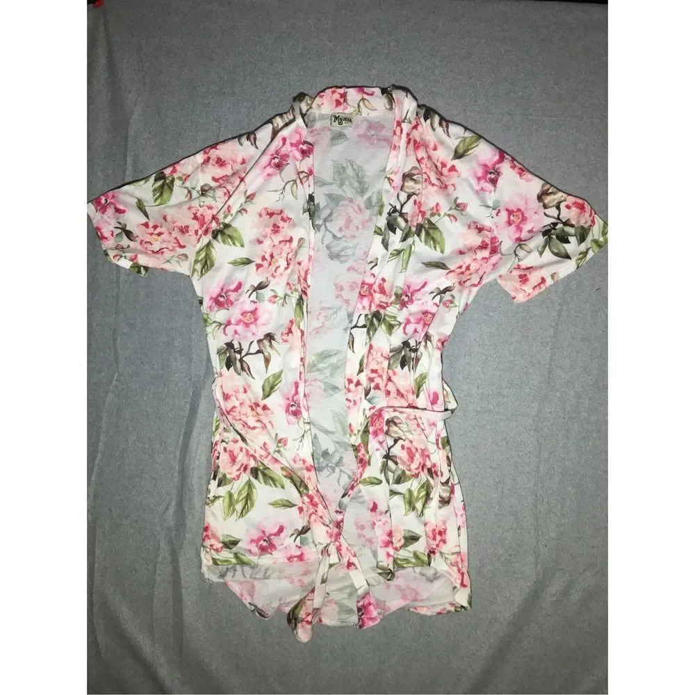 Womens Show Me Your MuMu Robe One Size Sleepwear Floral Pink White Tie Waist
